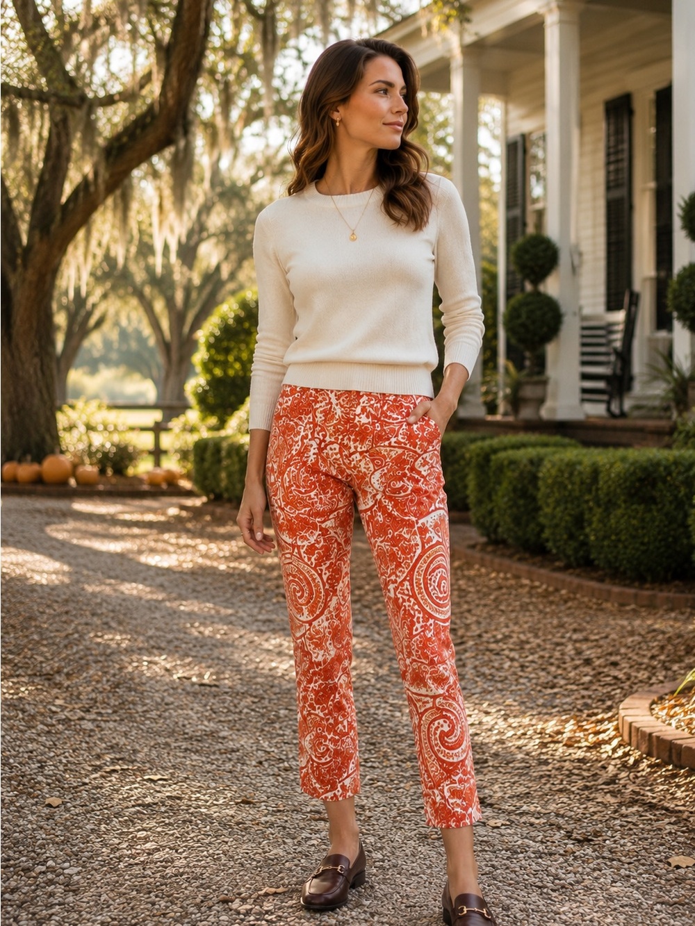 J.Crew City Fit Paisley Pants 10 Orange Red Stretch Straight Leg Preppy